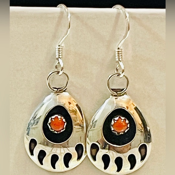 Jewelry - Native American Navajo Sterling Silver & Coral Bear Paw Dangle Earrings -